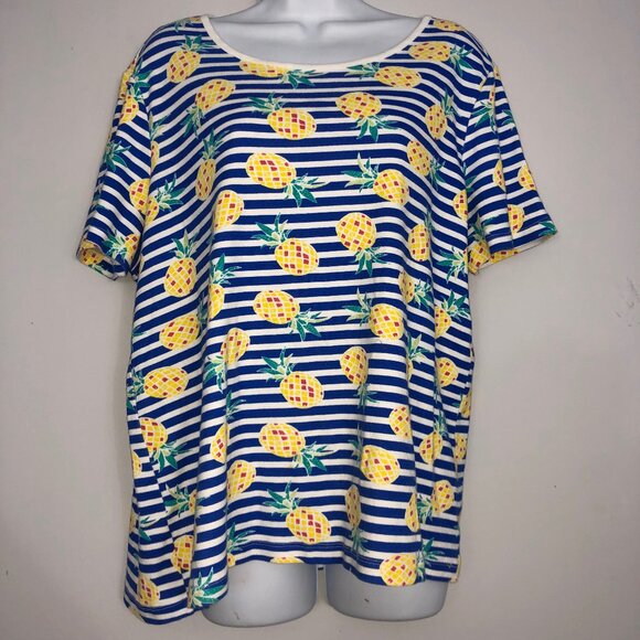 Time & True Top Womens XXXL Striped Pineapple All Over Print Short Sleeve - Picture 1 of 5